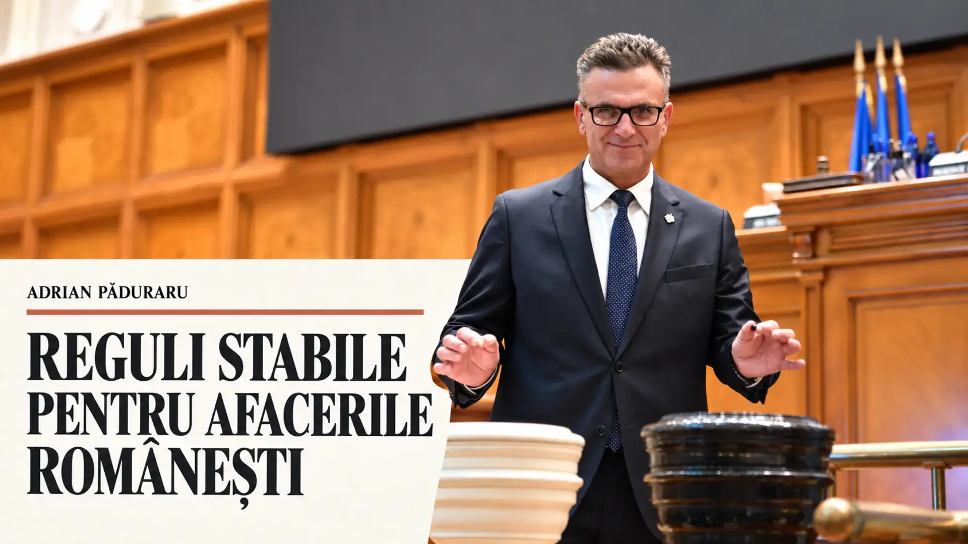 Adrian Păduraru în Parlament, pe coperta despre reguli stabile pentru afacerile românești