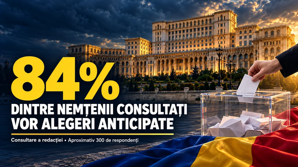 Palatul Parlamentului și o urnă de vot, alături de rezultatul consultării: 84% dintre nemțenii consultați vor alegeri anticipate.