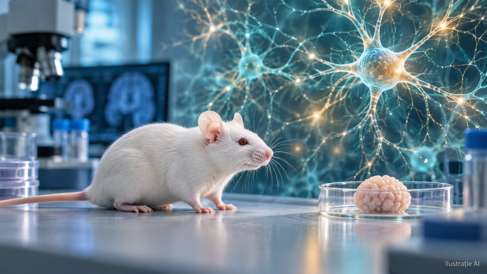 Organoizi corticali umani: ilustrație AI cu un șoarece de laborator și neuroni