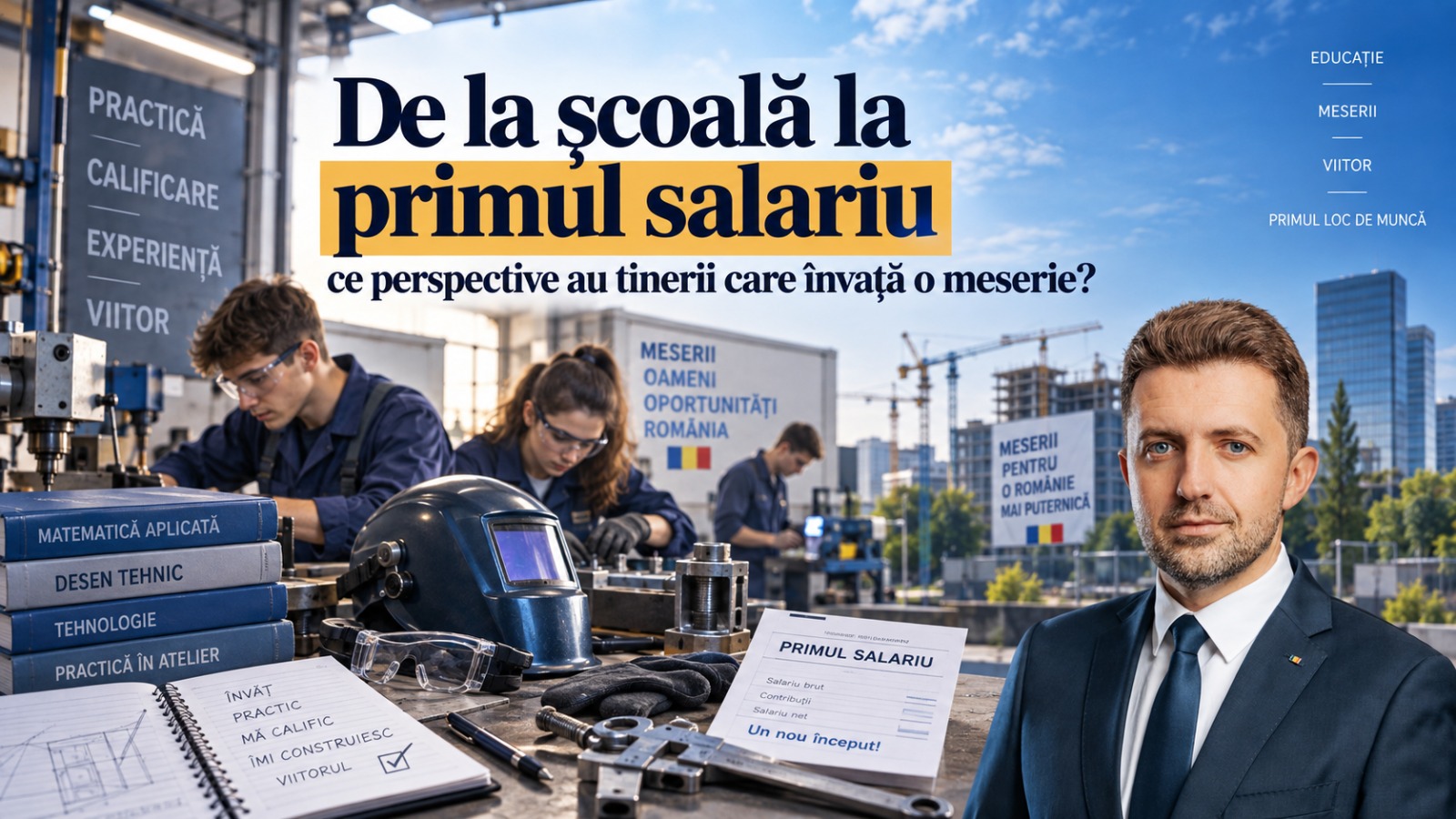 Ilustrație pentru articolul despre pregătirea practică și primul loc de muncă, cu portretul lui Vlad Grigorean.