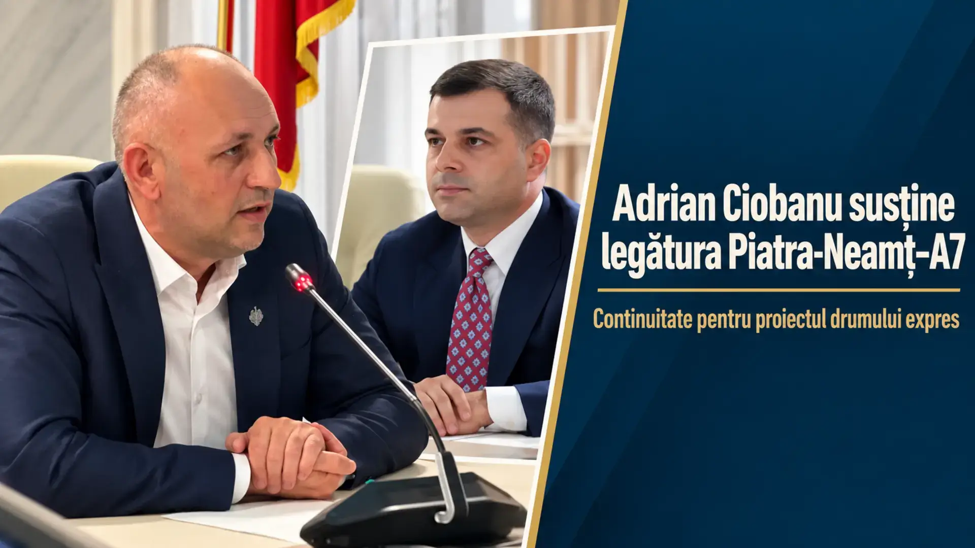 Colaj din două fotografii de la audiere, cu Adrian Ciobanu vorbind la microfon și un participant la ședință, pentru articolul despre Drumul Expres Piatra-Neamț–Bacău