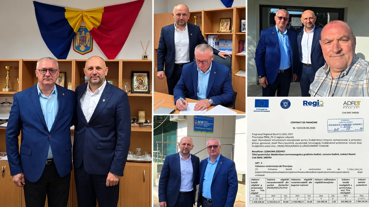 Colaj cu fotografii ale vizitei lui Adrian Ciobanu alături de reprezentanții comunei Gâdinți și contractul pentru modernizarea grădiniței.