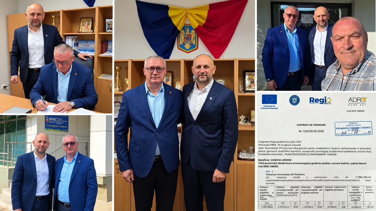 Colaj cu fotografii ale vizitei lui Adrian Ciobanu alături de reprezentanții comunei Gâdinți și contractul pentru modernizarea grădiniței.