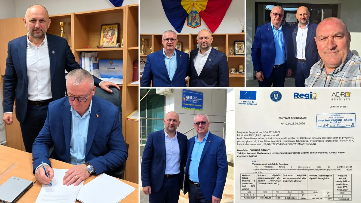 Colaj cu fotografii ale vizitei lui Adrian Ciobanu alături de reprezentanții comunei Gâdinți și contractul pentru modernizarea grădiniței.