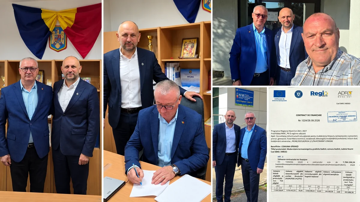Colaj cu fotografii ale vizitei lui Adrian Ciobanu alături de reprezentanții comunei Gâdinți și contractul pentru modernizarea grădiniței.
