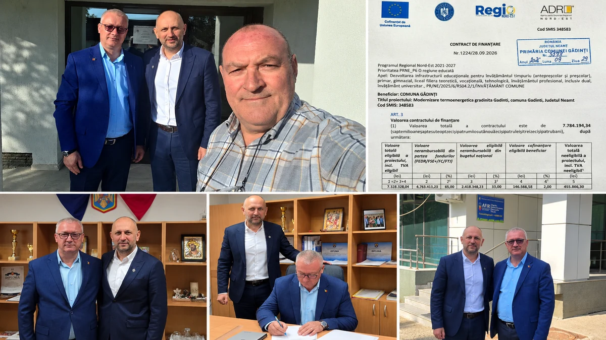 Colaj cu fotografii ale vizitei lui Adrian Ciobanu alături de reprezentanții comunei Gâdinți și contractul pentru modernizarea grădiniței.