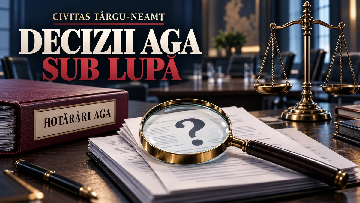 Ilustrație pentru AGA Civitas Târgu-Neamț: documente, o lupă și balanța justiției, cu textul Decizii AGA sub lupă.