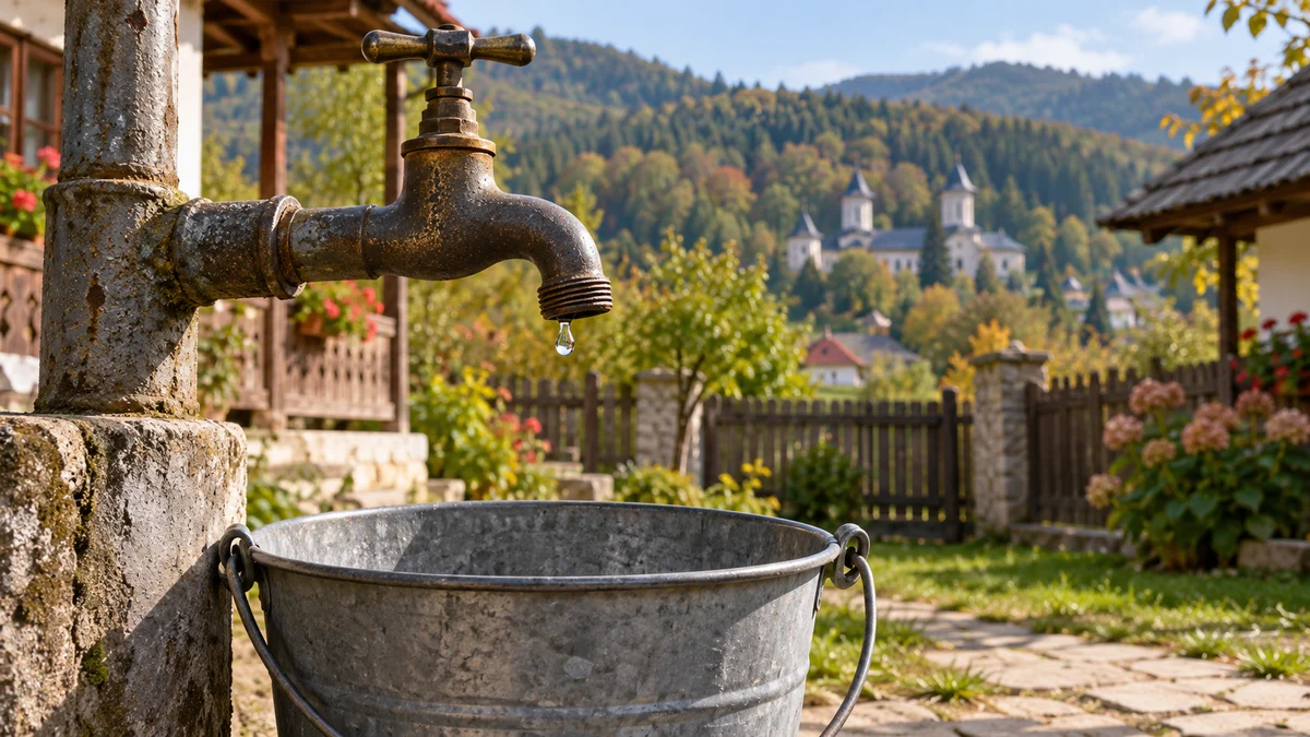 Robinet și găleată goală într-un decor rural, imagine ilustrativă generată cu AI pentru lipsa apei în Agapia.