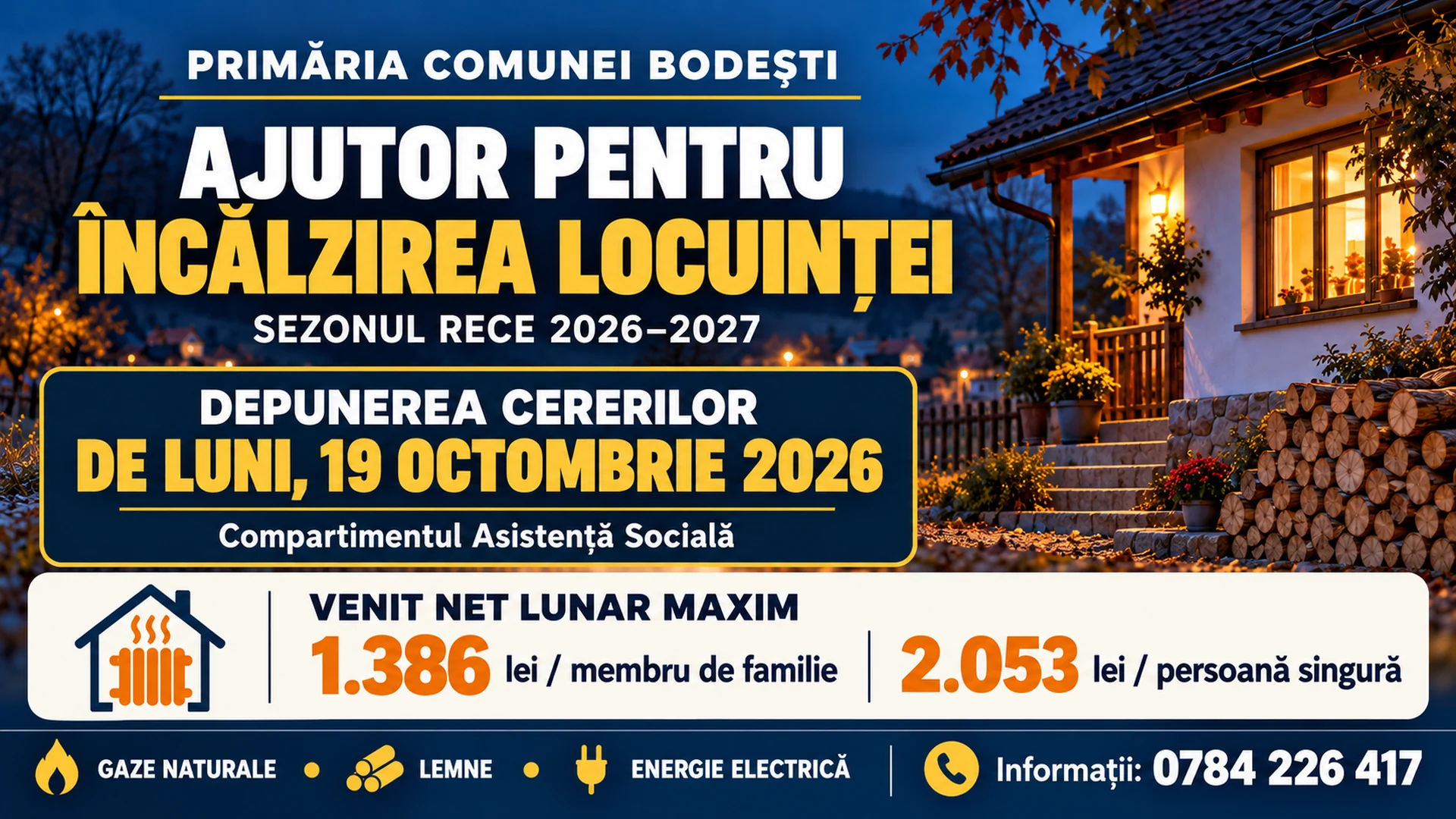 Anunț privind ajutorul pentru încălzire la Bodești: cereri din 19 octombrie 2026, praguri de venit și număr de contact