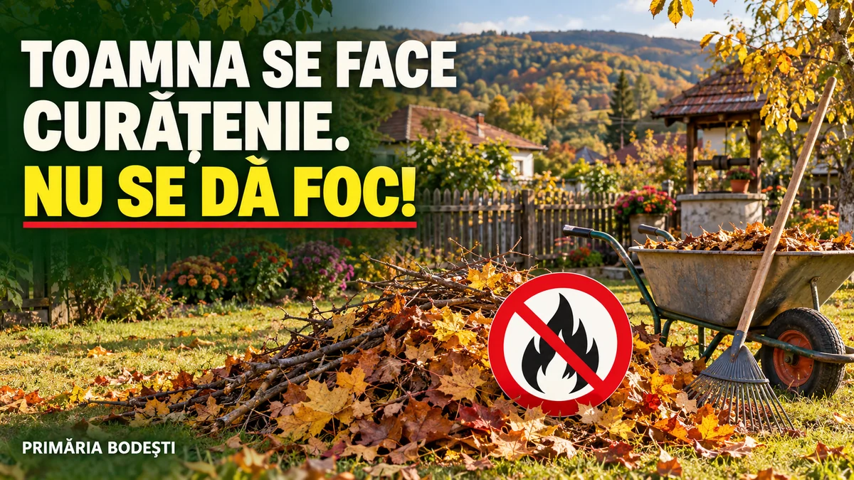 Ilustrație cu frunze și crengi adunate într-o gospodărie, simbol de interzicere a focului și mesajul Primăriei Bodești: Toamna se face curățenie. Nu se dă foc!