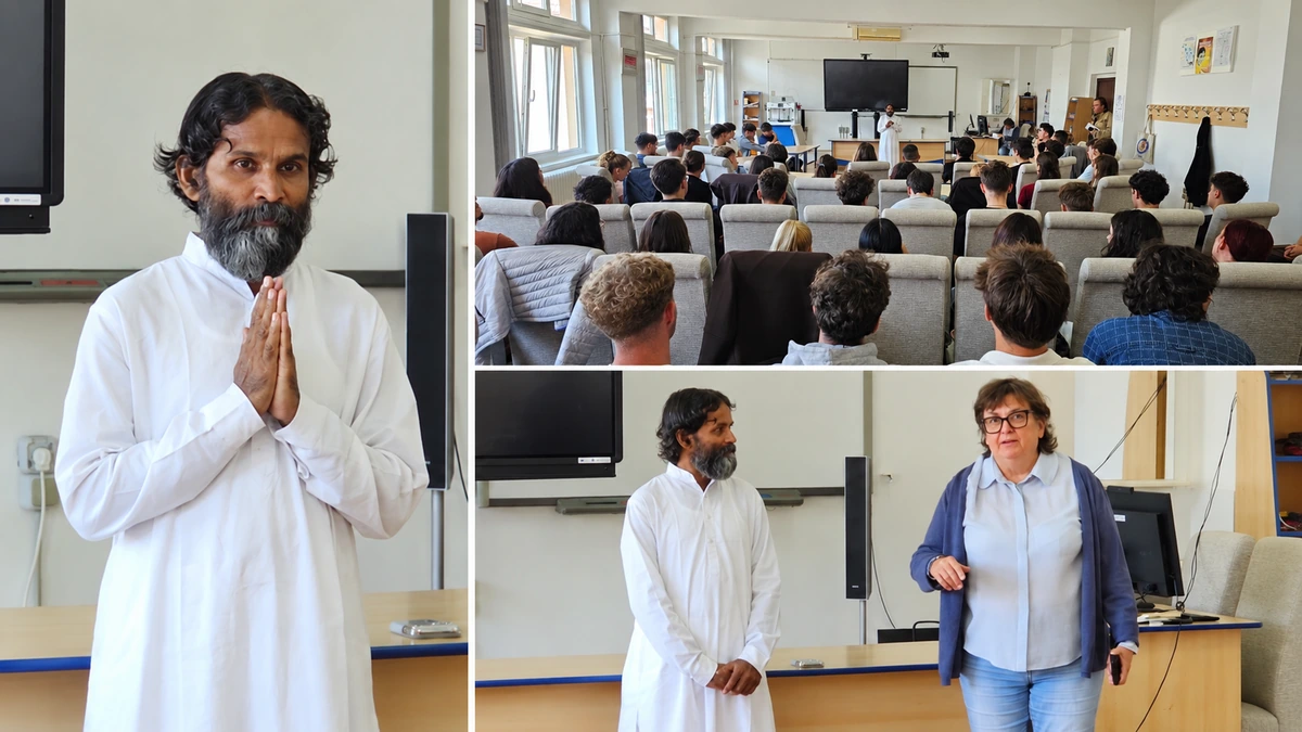 Colaj cu Swami Rakesh și participanții la întâlnirea de la Colegiul Național de Informatică Piatra-Neamț