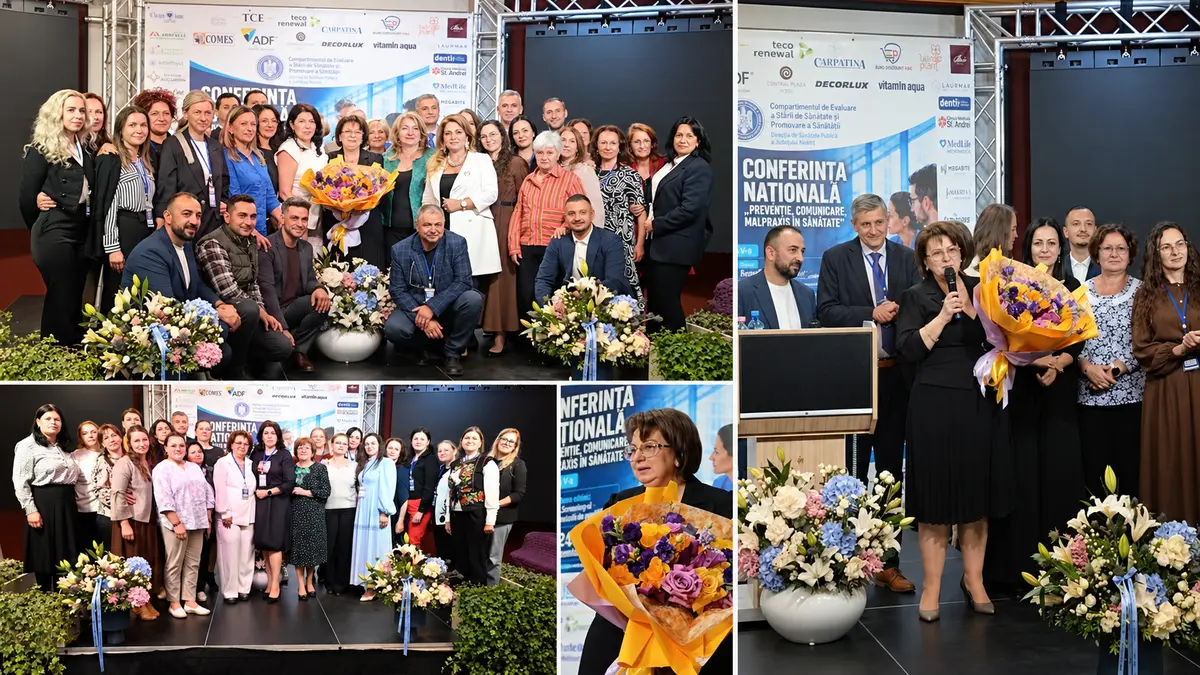 Colaj foto cu participanți și organizatori la Conferința Națională Prevenție, Comunicare, Malpraxis în Sănătate, Piatra-Neamț