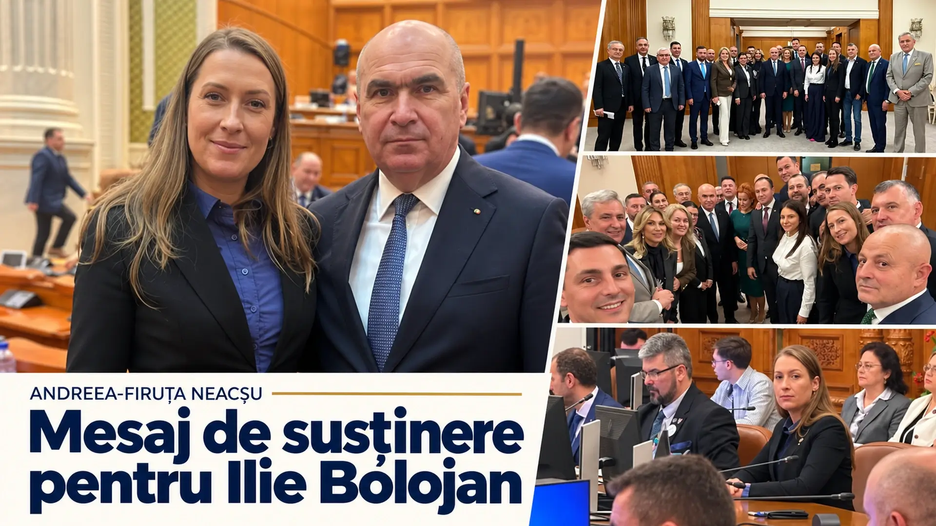 Colaj cu deputata Andreea-Firuța Neacșu, fotografii de grup și o ședință parlamentară, cu titlul articolului