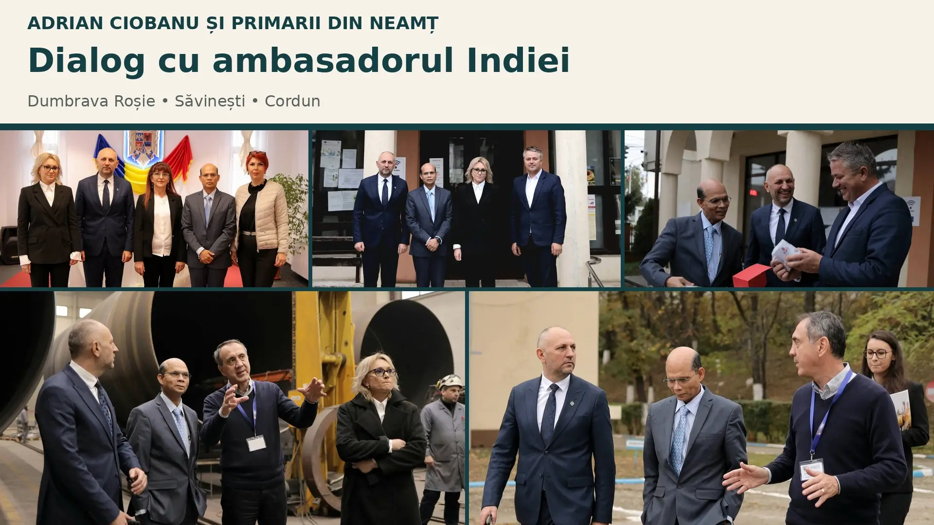 Colaj cu fotografii din vizita ambasadorului Indiei în Neamț, la întâlnirile cu Adrian Ciobanu, reprezentanții administrațiilor locale și compania COMES.