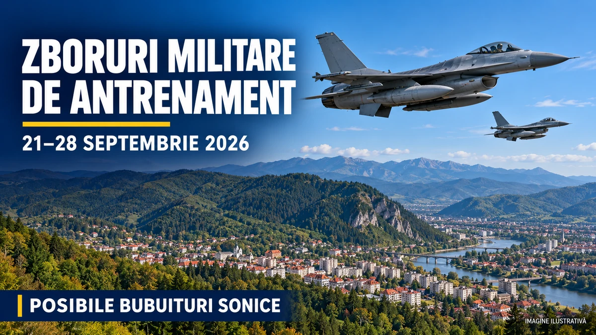 Imagine ilustrativă: avioane militare deasupra unui peisaj montan, cu informare despre zboruri de antrenament și posibile bubuituri sonice.
