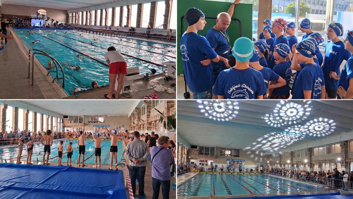 Colaj cu sportivi și imagini din bazin la Cupa Delmadi 2026 din Piatra-Neamț