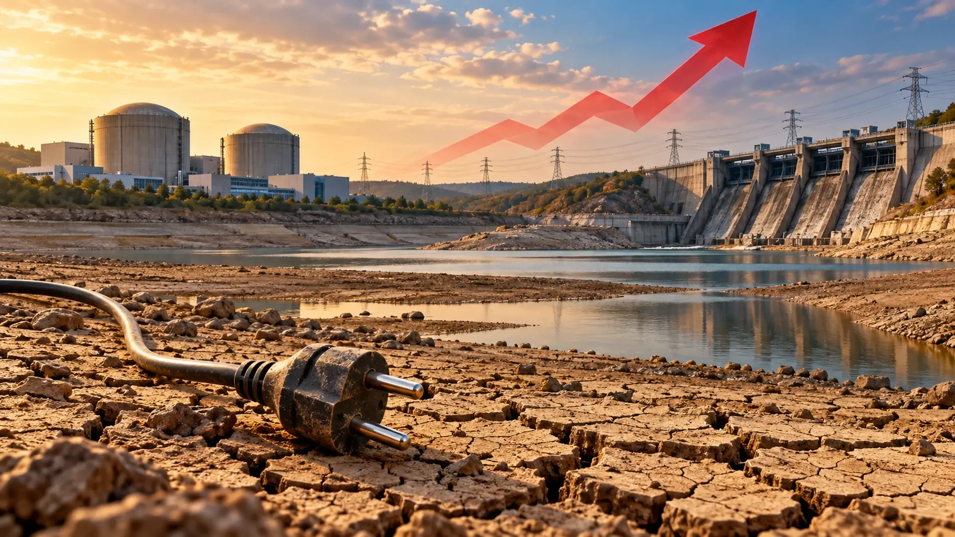 Ilustrație despre secetă și scumpirea curentului: teren uscat, centrală nucleară, baraj și săgeată ascendentă.
