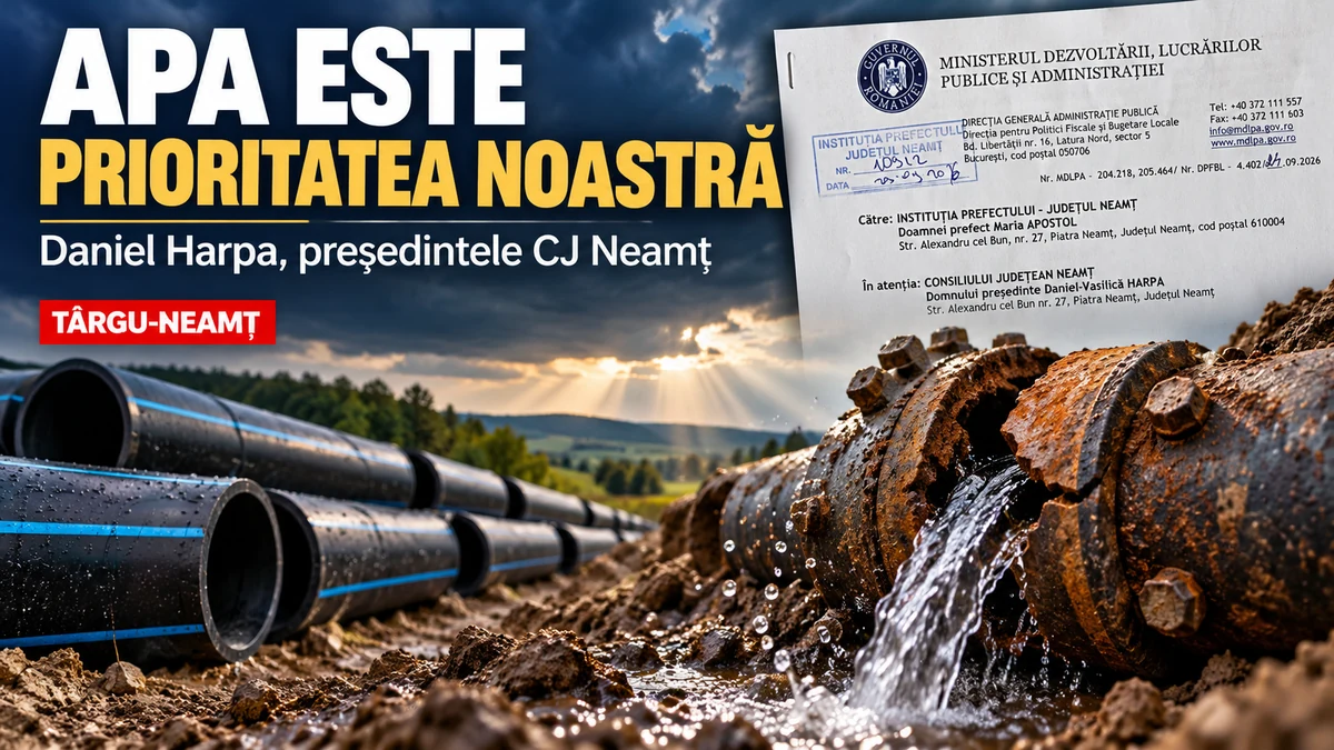 Daniel Harpa despre criza apei din zona Târgu-Neamț: copertă cu elemente ale infrastructurii de apă și fragment din răspunsul Ministerului Dezvoltării.