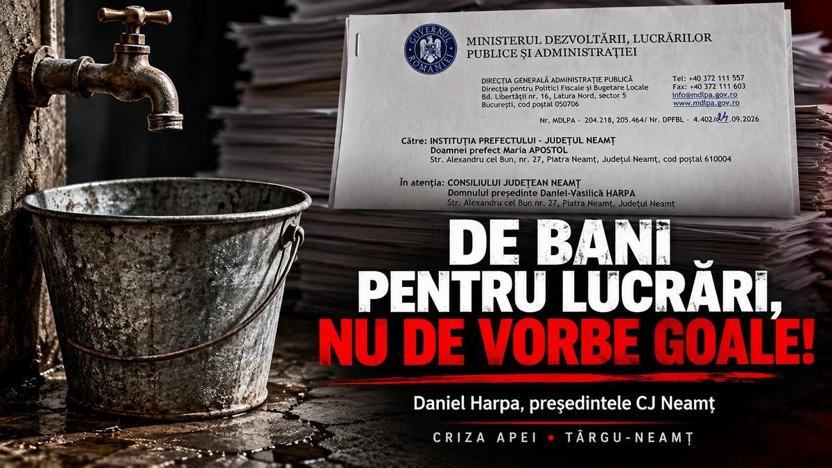 Daniel Harpa despre criza apei din zona Târgu-Neamț: copertă cu elemente ale infrastructurii de apă și fragment din răspunsul Ministerului Dezvoltării.