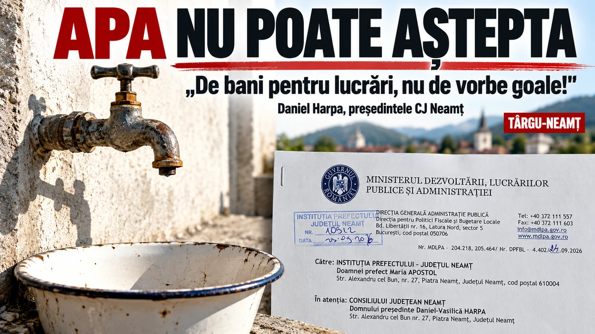 Daniel Harpa despre criza apei din zona Târgu-Neamț: copertă cu elemente ale infrastructurii de apă și fragment din răspunsul Ministerului Dezvoltării.