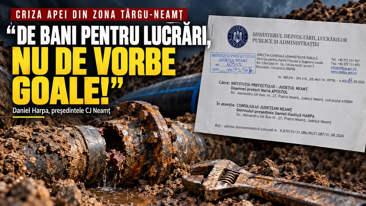 Daniel Harpa despre criza apei din zona Târgu-Neamț: copertă cu elemente ale infrastructurii de apă și fragment din răspunsul Ministerului Dezvoltării.