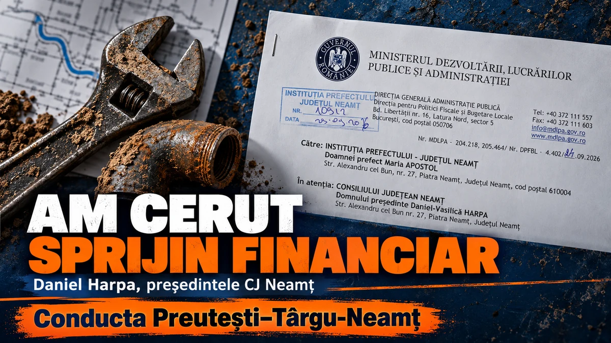 Daniel Harpa despre criza apei din zona Târgu-Neamț: copertă cu elemente ale infrastructurii de apă și fragment din răspunsul Ministerului Dezvoltării.