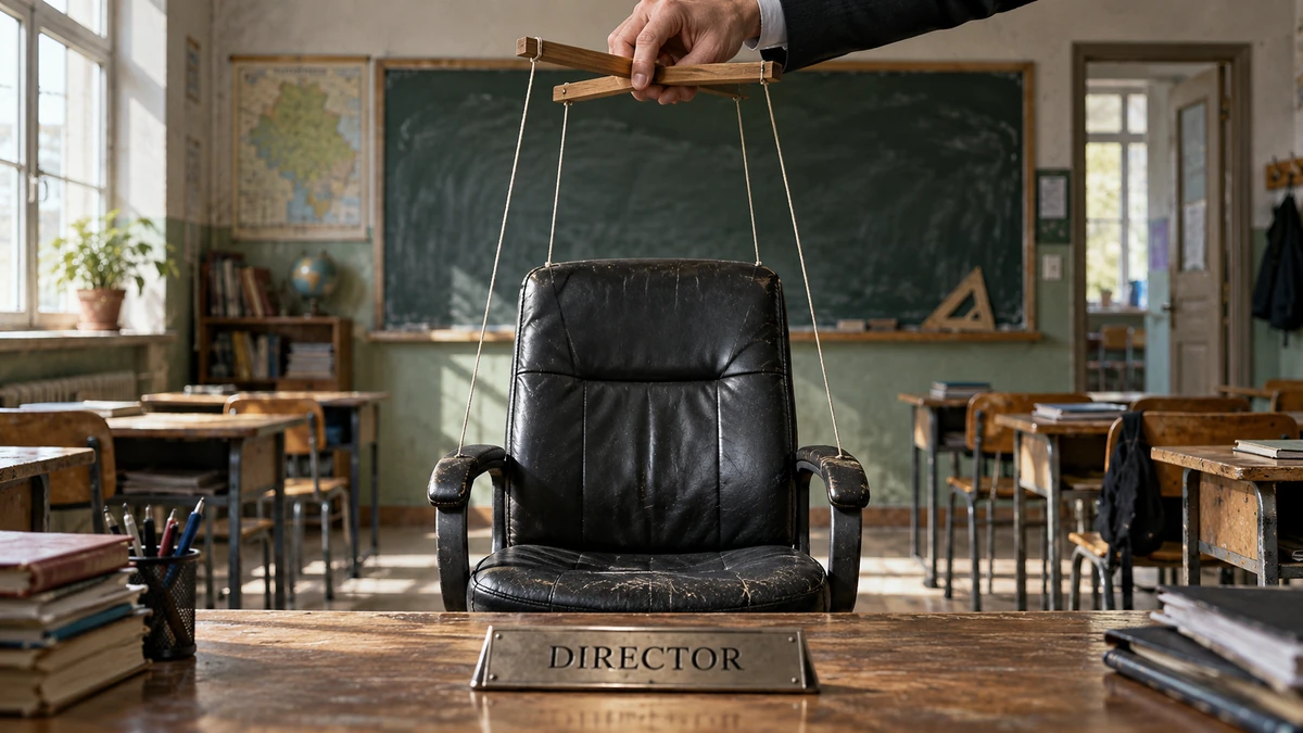 Scaun de director controlat prin sfori, într-o sală de clasă – colaj despre politizarea conducerii școlilor din Neamț.