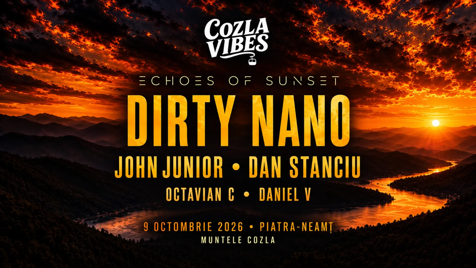 Afiș Cozla Vibes – Echoes of Sunset, cu Dirty Nano, John Junior și Dan Stanciu, pe 9 octombrie 2026, la Piatra-Neamț