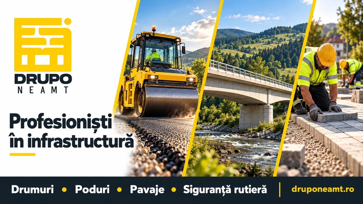 Grafică de promovare DRUPO Neamț – servicii de infrastructură rutieră