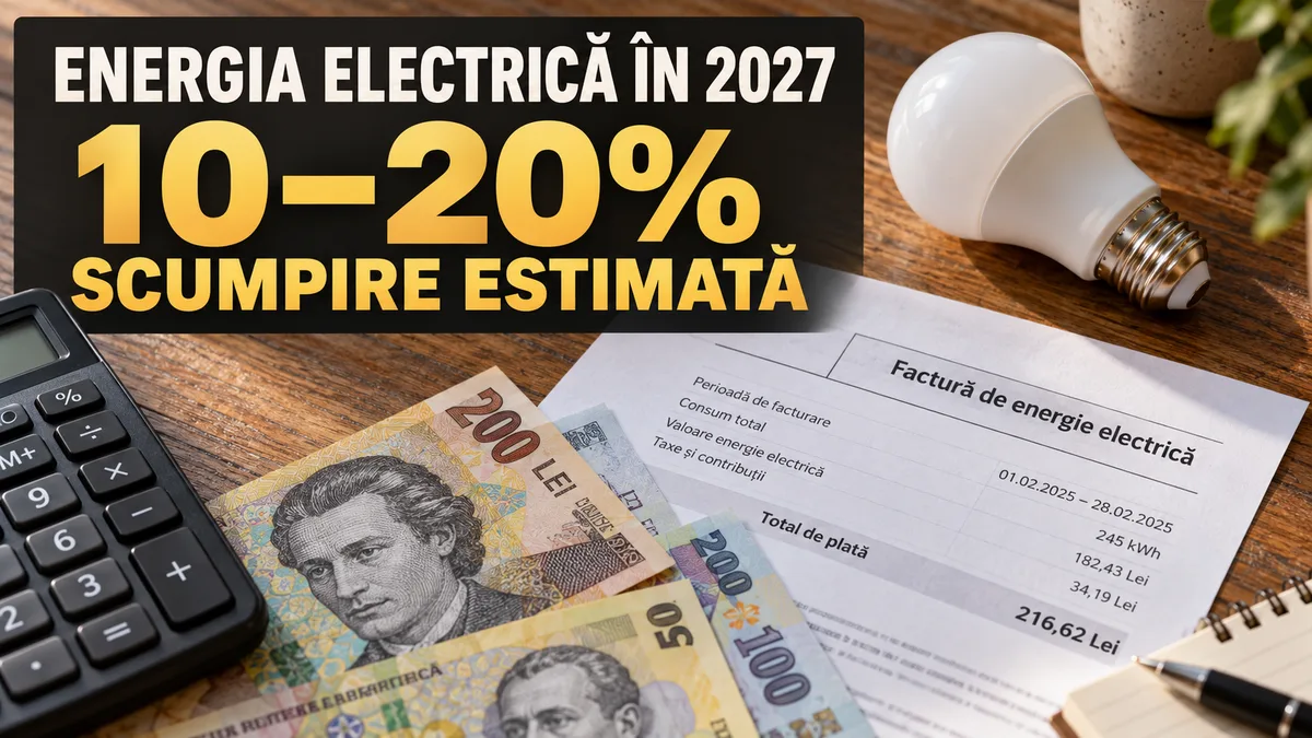 Ilustrație: scumpire estimată a energiei electrice cu 10–20% în 2027.