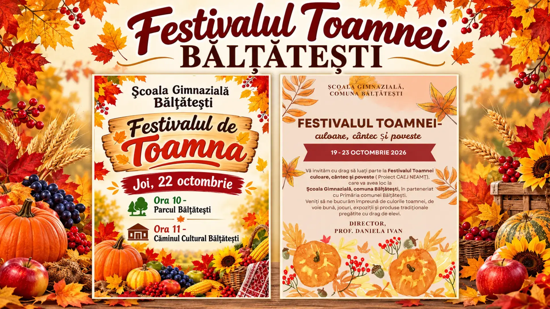 Copertă cu afișele Festivalului Toamnei de la Școala Gimnazială Bălțătești, 22 octombrie 2026