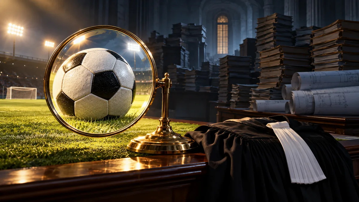 Minge de fotbal sub o lupă, lângă o robă de avocat și dosare administrative