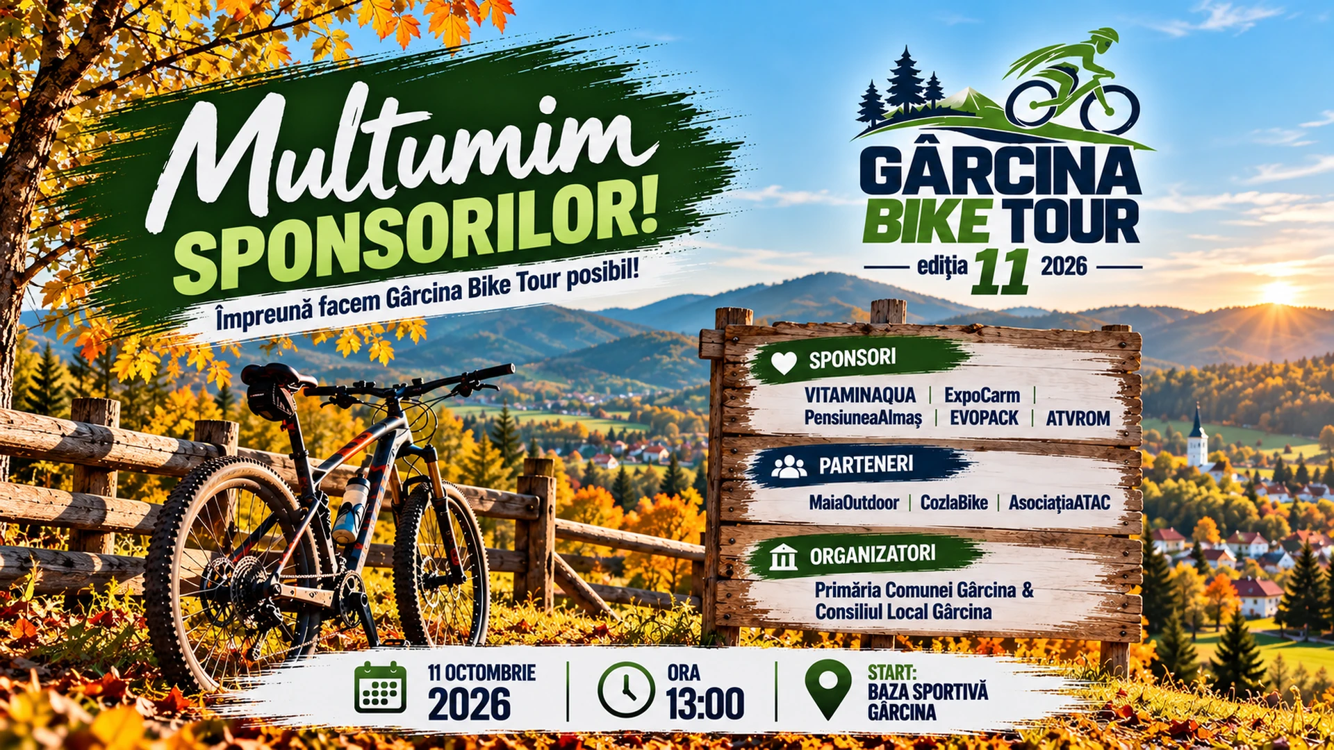 Afiș Gârcina Bike Tour, ediția a XI-a: 11 octombrie 2026, ora 13:00, start la Baza Sportivă Gârcina; organizatori, parteneri și sponsori.