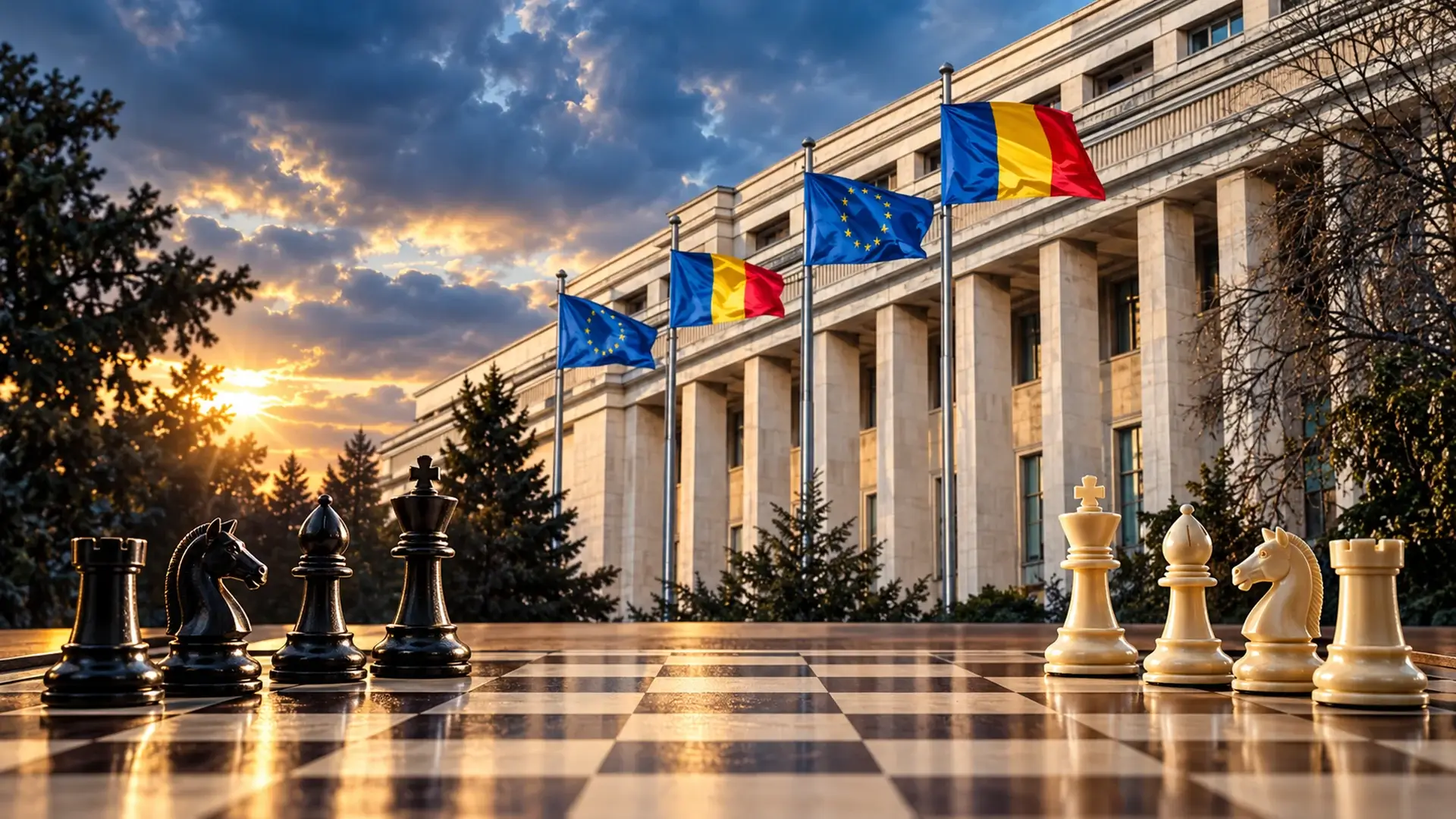 Ilustrație editorială cu Palatul Victoria și piese de șah, simbol al negocierilor pentru Guvernul Niculescu