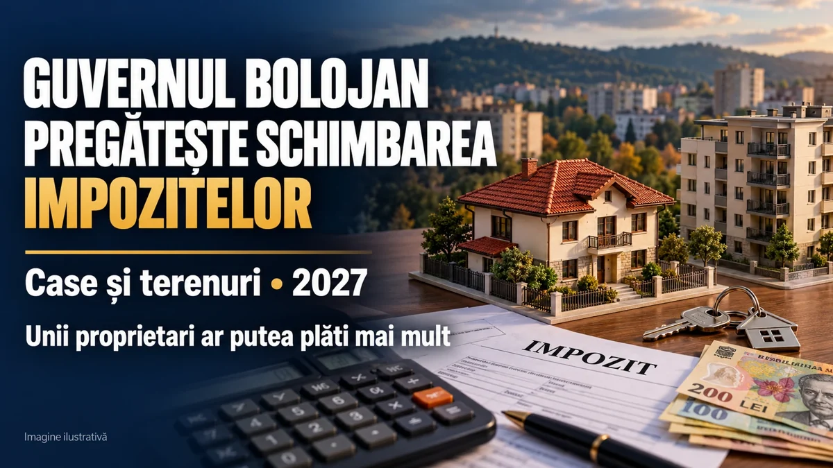 Imagine ilustrativă despre schimbarea impozitării caselor și terenurilor din 2027, cu locuințe, calculator și documente fiscale.
