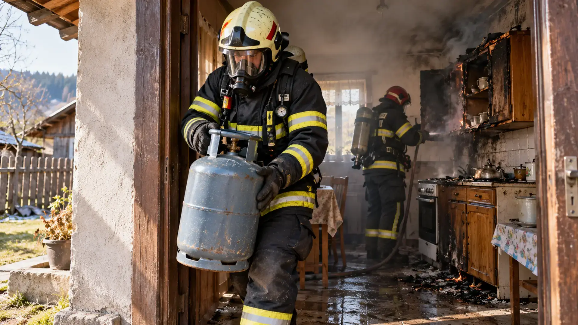 Fotografie sugestivă: pompier evacuând o butelie dintr-o bucătărie afectată de incendiu.