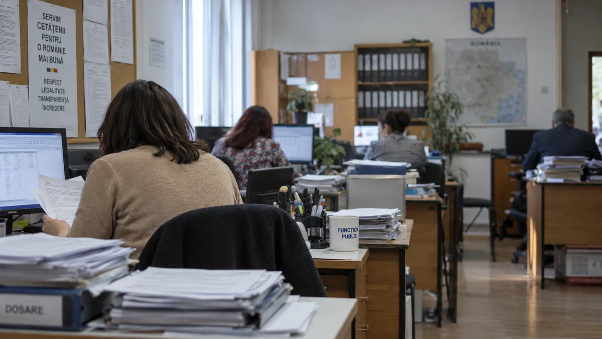 Birou administrativ cu funcționari văzuți din spate și dosare pe mese
