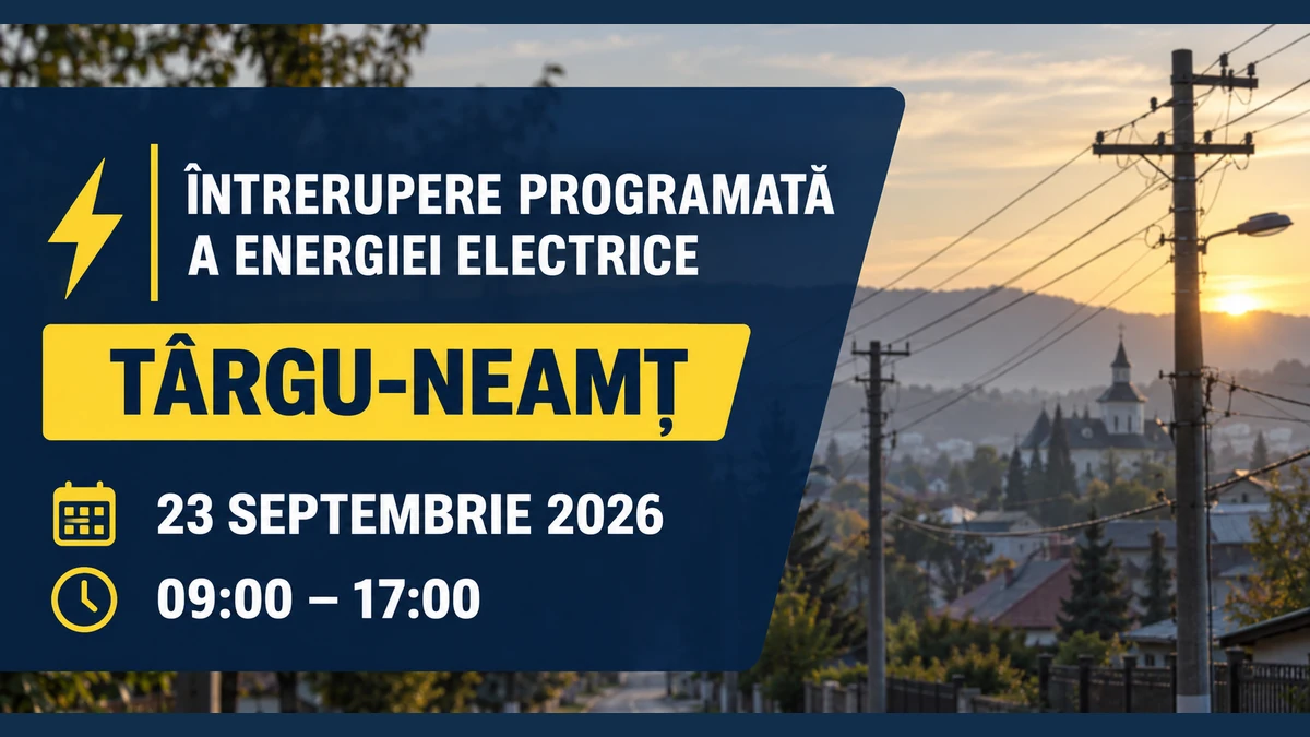 Întrerupere programată a energiei electrice în Târgu-Neamț, 23 septembrie 2026, între orele 09:00 și 17:00.