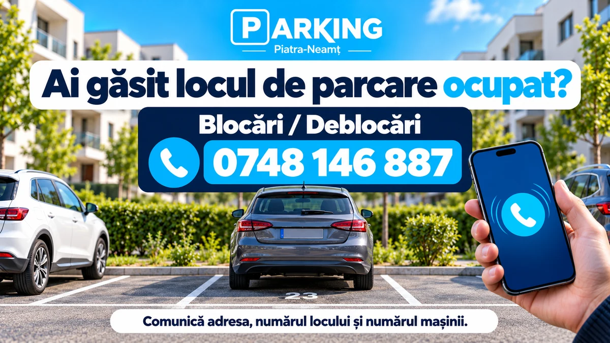 Imagine informativă Parking: loc de parcare ocupat, sesizări la 0748 146 887.