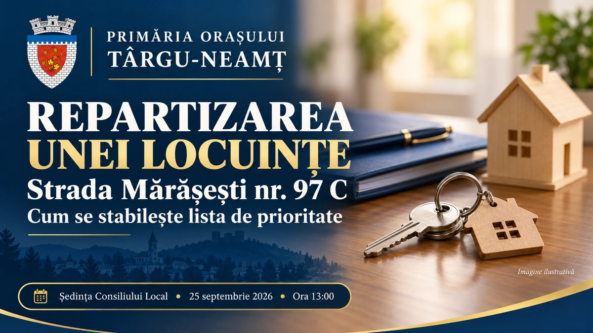 Imagine ilustrativă despre lista de prioritate pentru închirierea locuinței de pe strada Mărășești nr. 97 C, discutată de Consiliul Local Târgu-Neamț pe 25 septembrie 2026