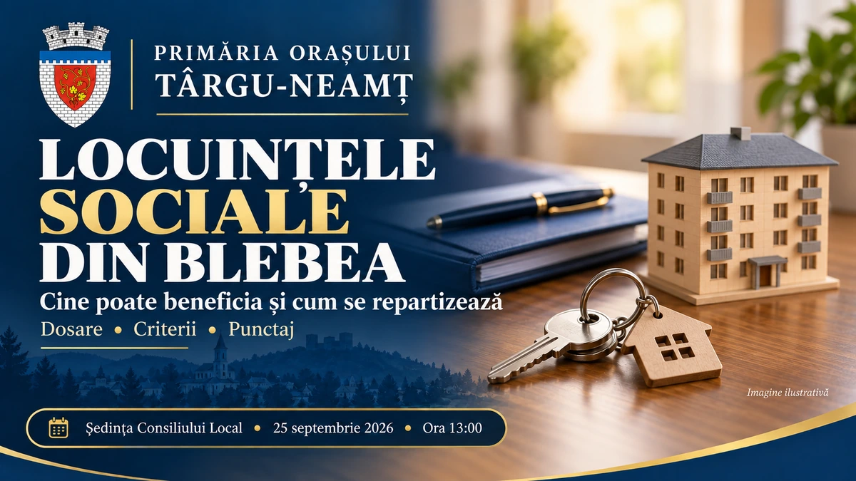 Imagine ilustrativă despre repartizarea locuinței sociale din Blebea, pe ordinea de zi a Consiliului Local Târgu-Neamț din 25 septembrie 2026