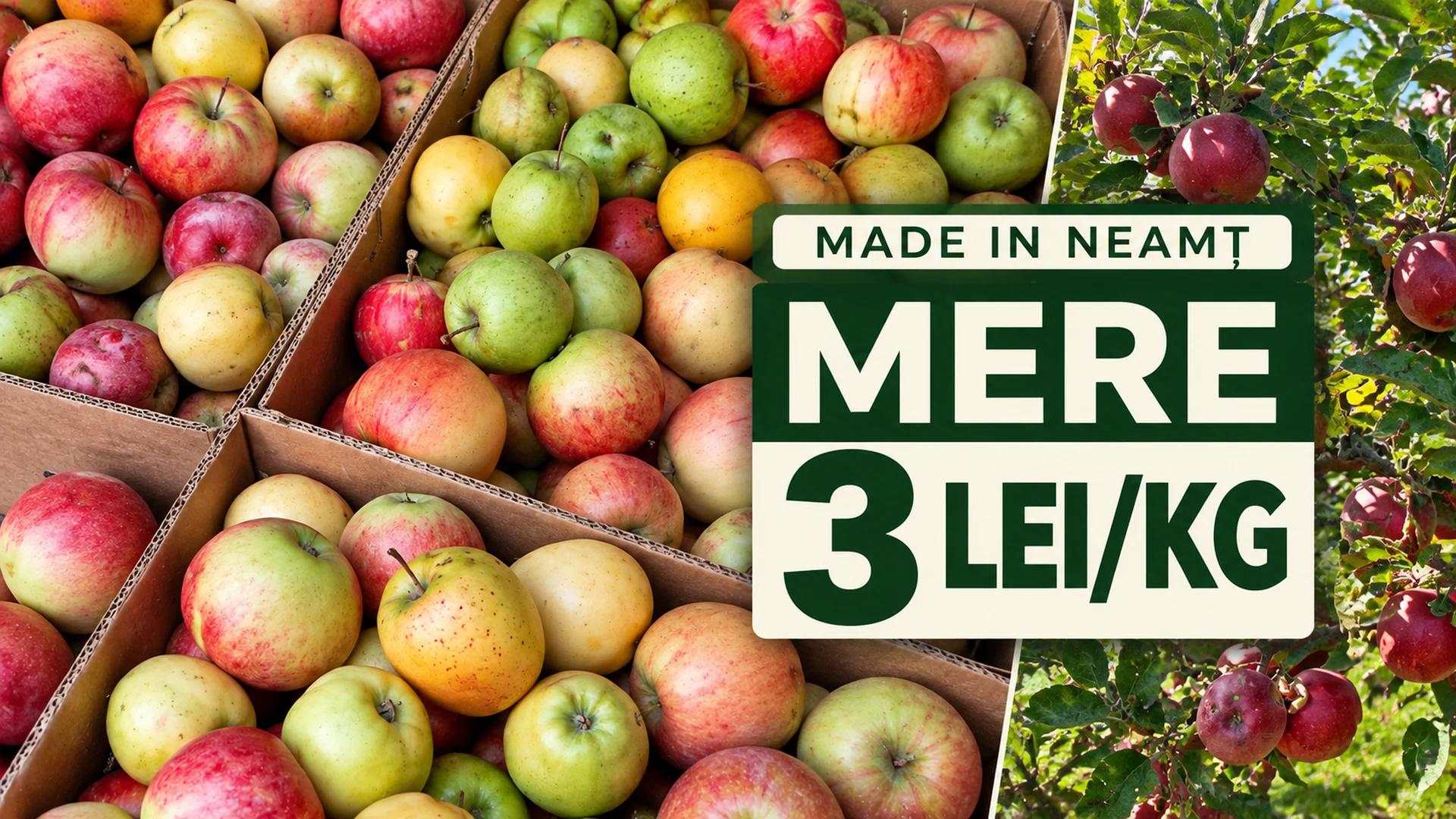 Colaj cu mere în lăzi și mere în pom, cu textul Made in Neamț — Mere — 3 lei/kg.