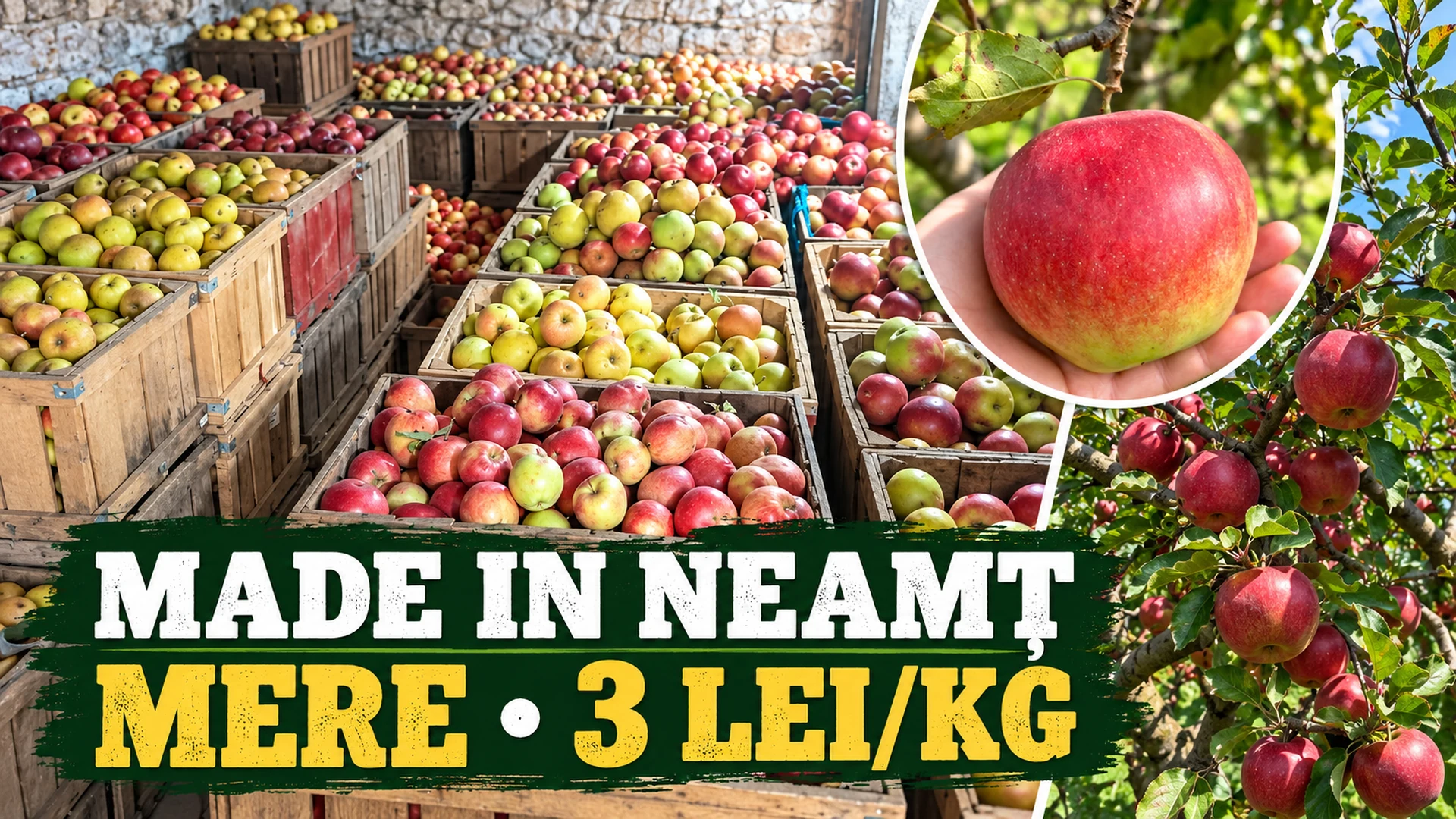 Colaj cu lăzi de mere, un măr ținut în palmă și mere în pom, cu textul Made in Neamț — Mere • 3 lei/kg.