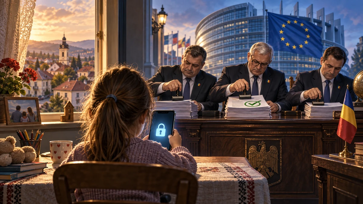 Ilustrație generată cu AI despre majoratul digital și reprezentarea României în instituțiile europene