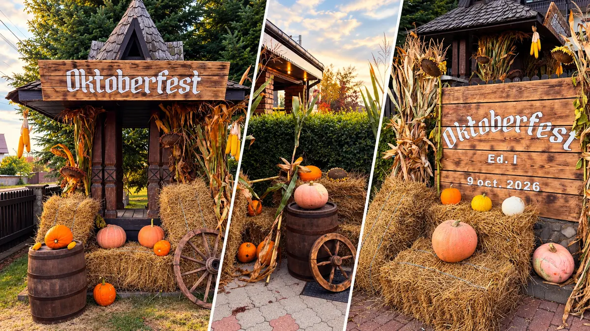 Colaj cu decorul Oktoberfest de la Pensiunea Belvedere din Târgu Neamț, cu panoul 9 octombrie 2026