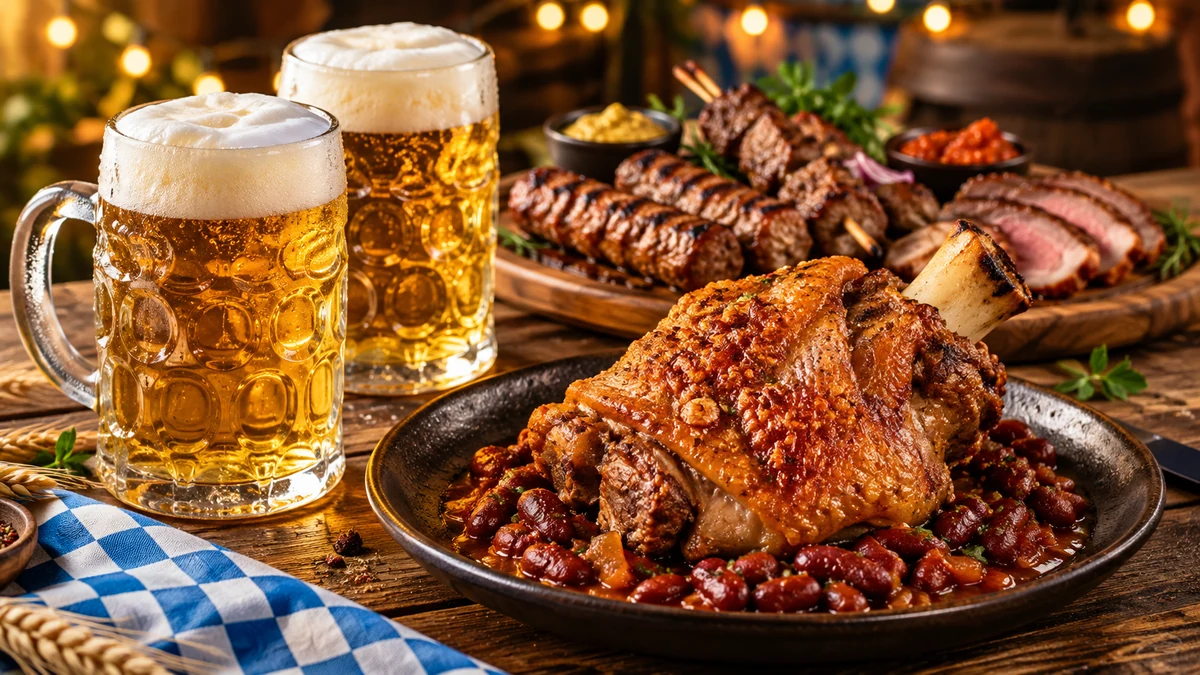 Halbe de bere, ciolan de porc cu fasole roșie și preparate la grătar, imagine pentru Oktoberfest la La Flamma