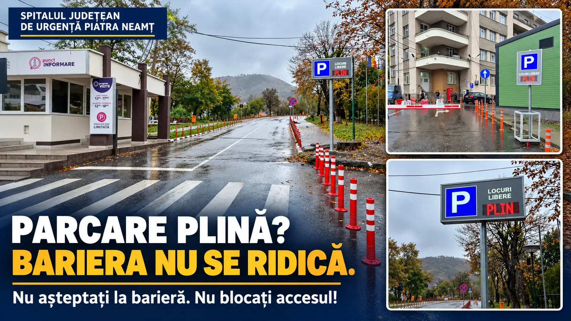 Colaj ilustrativ cu intrarea Spitalului Județean de Urgență Piatra-Neamț și indicatoarele care afișează PLIN