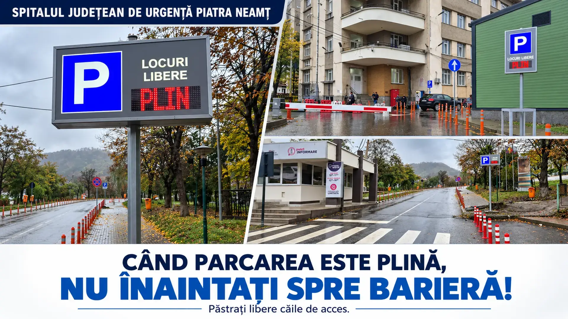 Colaj ilustrativ cu intrarea Spitalului Județean de Urgență Piatra-Neamț și indicatoarele care afișează PLIN