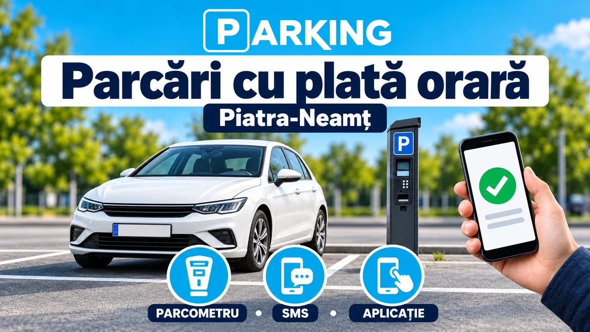 Ilustrație despre plata parcării la parcometru, prin SMS sau aplicație, cu sigla Parking