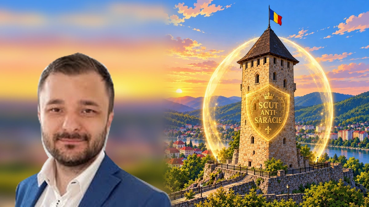 Colaj cu portretul consilierului local Cosmin Asandei și o ilustrație a Turnului lui Ștefan cel Mare din Piatra-Neamț
